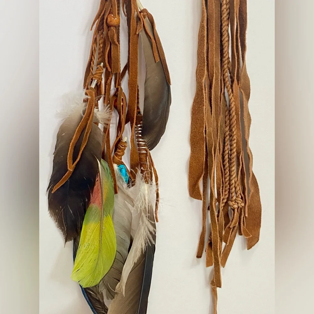 OOAK tribal brown leather feather clip set. Festival Burning Man